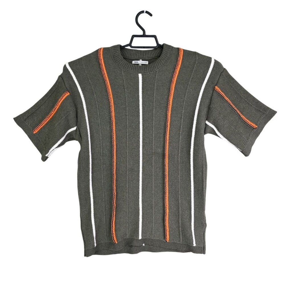 Mens Zara Green Knit Sweater Orange & White Stripes Short Sleeve Size M